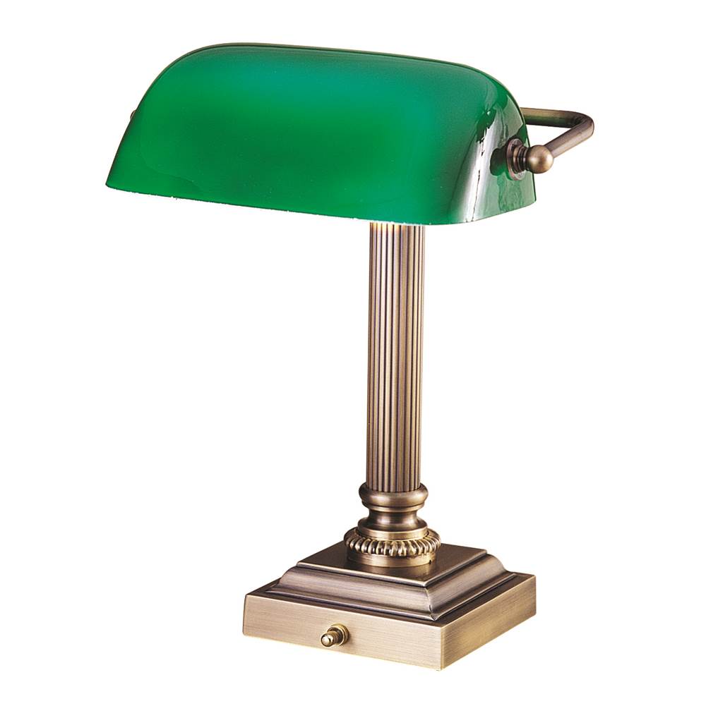 House Of Troy Shelburne Collection Antique Brass and Green Glass Lamp